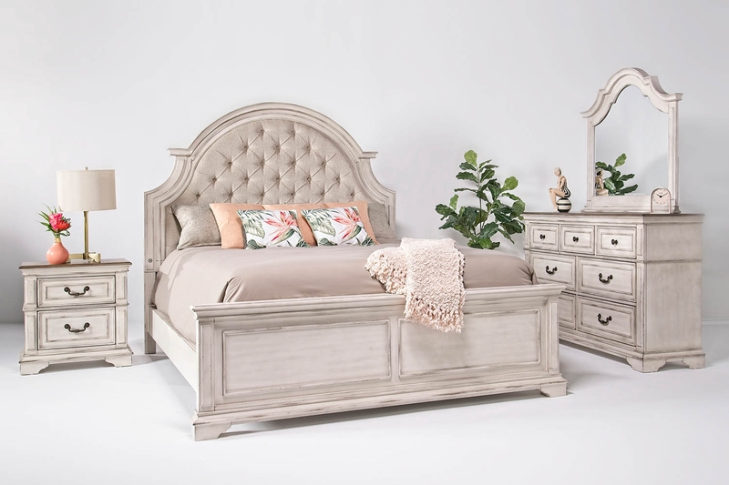Anastasia Upholstered Panel Bed Dresser Mirror In White Eastern King Mor Furniture