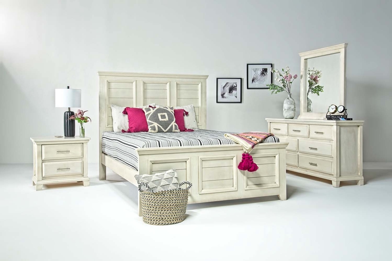 Bella Panel Bed, Dresser, Mirror & Bookshelf Nightstand in White, CA