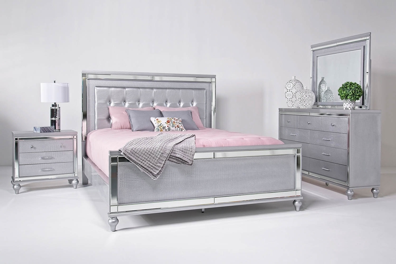Valentino Panel Bed Dresser Mirror Nightstand In Silver Eastern King Mor Furniture