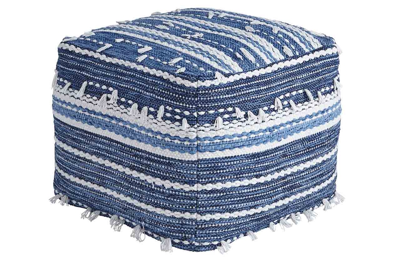 Anthony Nubby Pouf in Blue & White, Image 1 Anthony Nubby Pouf in Blue & White, Image 1
