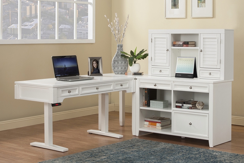 Boca Power Lift Office Desk, Corner Table & Credenza in White Mor Furniture