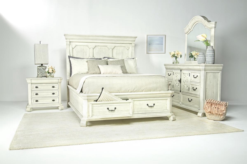 Bellamy Panel Bed w/ Storage, Dresser & Mirror in White, CA King Mor