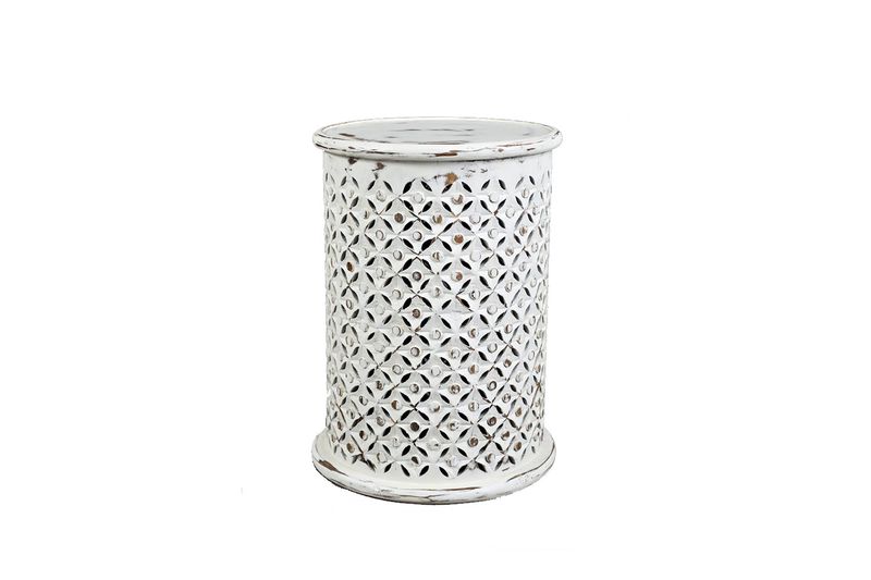Carved Drum Accent Table in White, Image 1