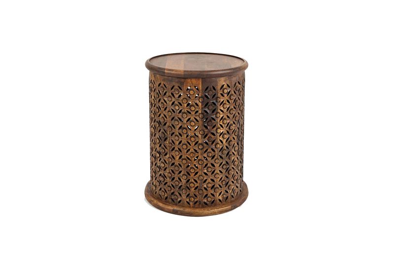 Carved Drum Accent Table in Mango, Image 1
