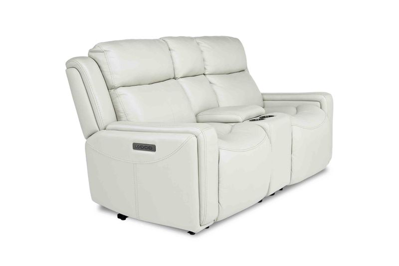 Ice 3 Power Console Loveseat in White Leather, Image 1
