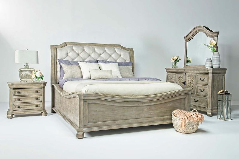 Bellamy Sleigh Bed, Dresser & Mirror in Gray, Eastern King, Image 1