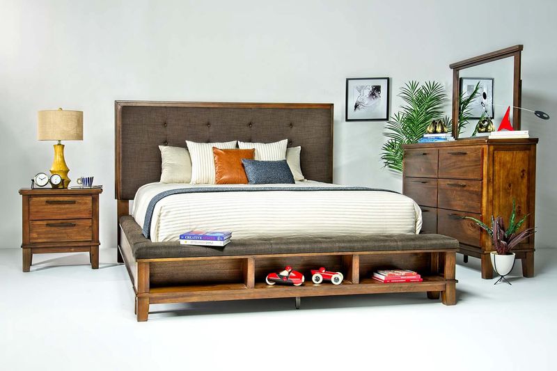 Cagney Upholstered Panel Bed w/ Storage, Dresser, Mirror & Nightstand in Brown, Eastern King, Image 1