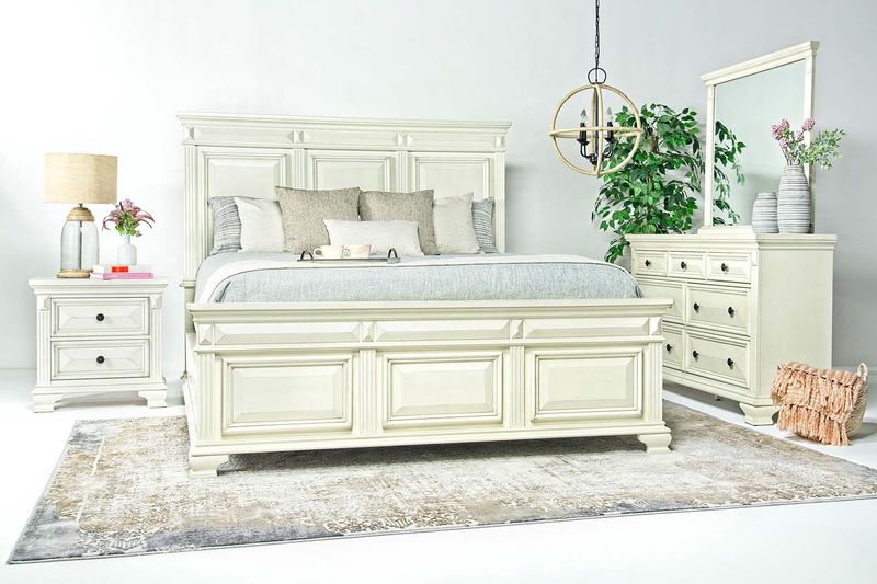 Calloway Panel Bed, Dresser, Mirror & Nightstand in White, Queen, Image 1
