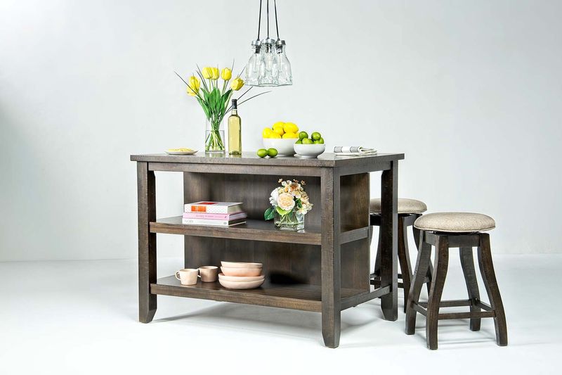 Stone Kitchen Island w/ 2 Stools in Charcoal, Swivel