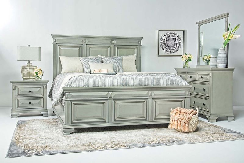 Calloway Panel Bed, Dresser, Mirror & Nightstand in Gray, Queen, Image 1