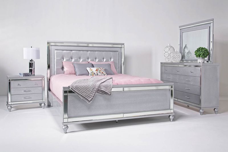 Valentino Panel Bed, Dresser, Mirror & Nightstand in Silver, Full, Image 1