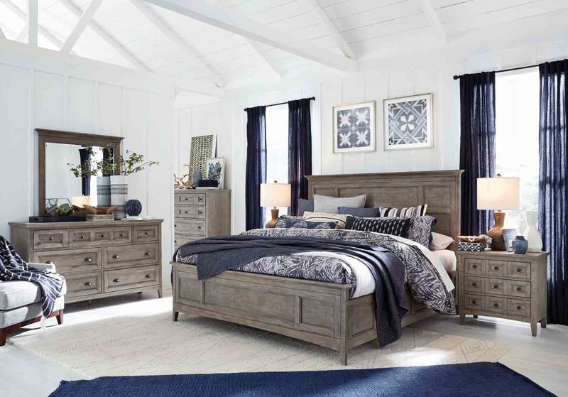 Bay Creek Panel Bed w/ Storage, Dresser, Mirror & Nightstand in Light Gray, California King, Image 1