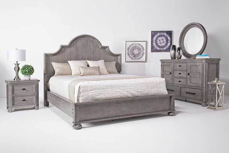 Costa Del Sol Arch Panel Bed, Dresser & Mirror in Gray, Eastern King, Image 1