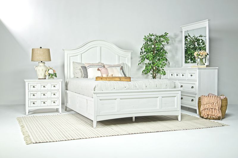 Bay Creek Arch Panel Bed, Dresser, Mirror & Nightstand in White, California King, Image 1
