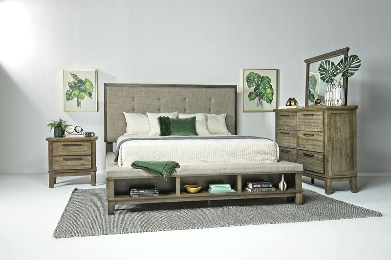 Cagney Upholstered Panel Bed w/ Storage, Dresser & Mirror in Gray, Eastern King, Image 1