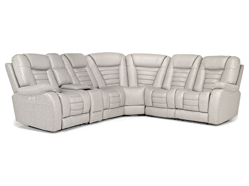 Malibu 6 Piece 3 Power Sectional w/ USB Charger in Platinum Leather