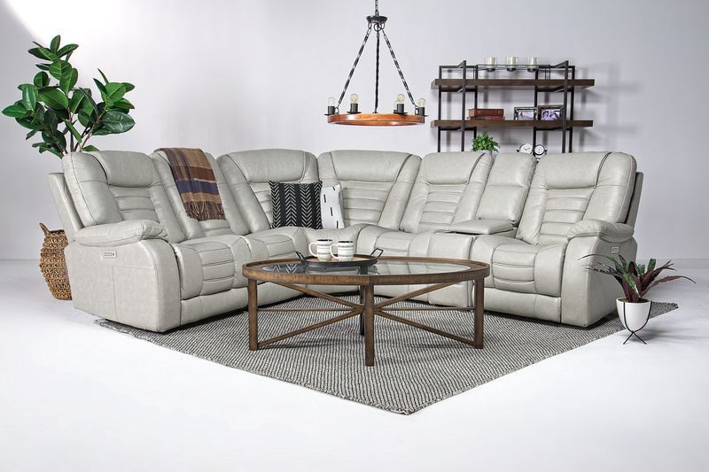 Malibu 6 Piece 3 Power Sectional w/ USB Charger in Platinum Leather