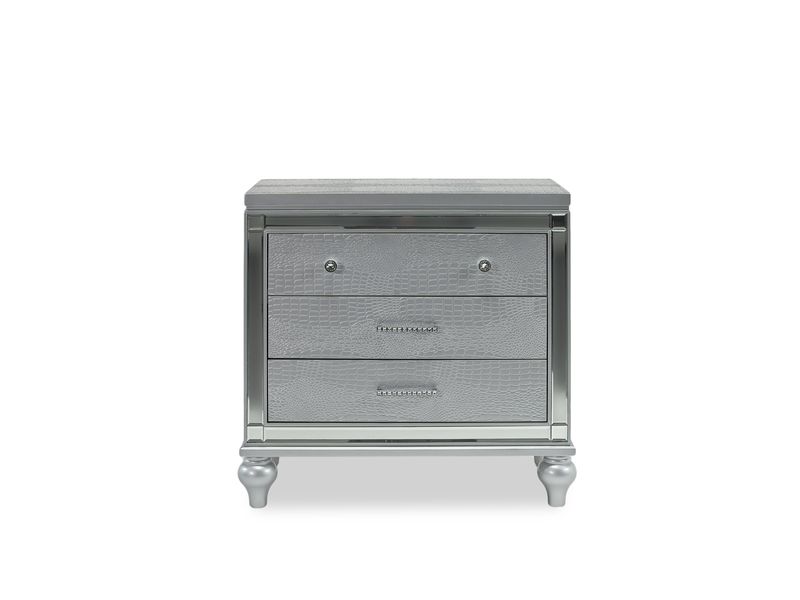 Valentino Panel Bed, Dresser, Mirror & Nightstand in Silver, Twin