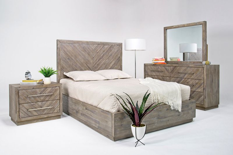 Herringbone Panel Bed w/ Storage, Dresser, Mirror & Nightstand in Gray, Queen, Image 1