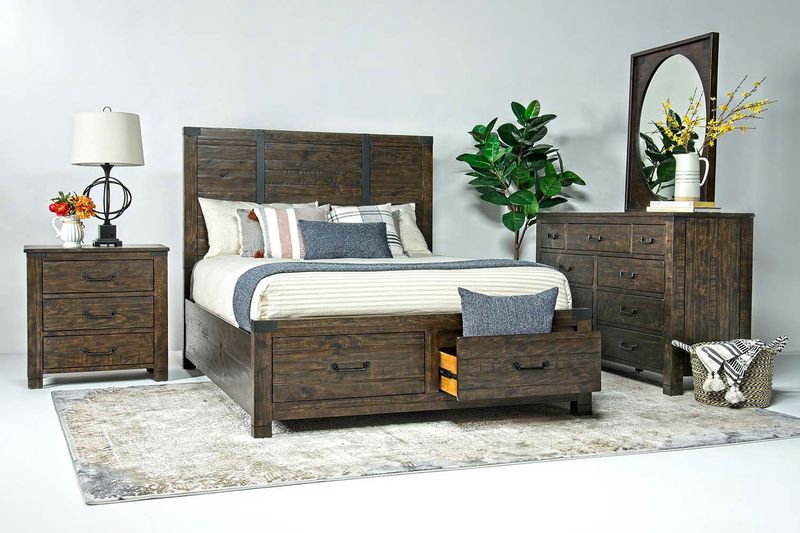 Pine Hill Panel Bed w/ Storage, Dresser & Mirror in Brown, Queen, Image 1