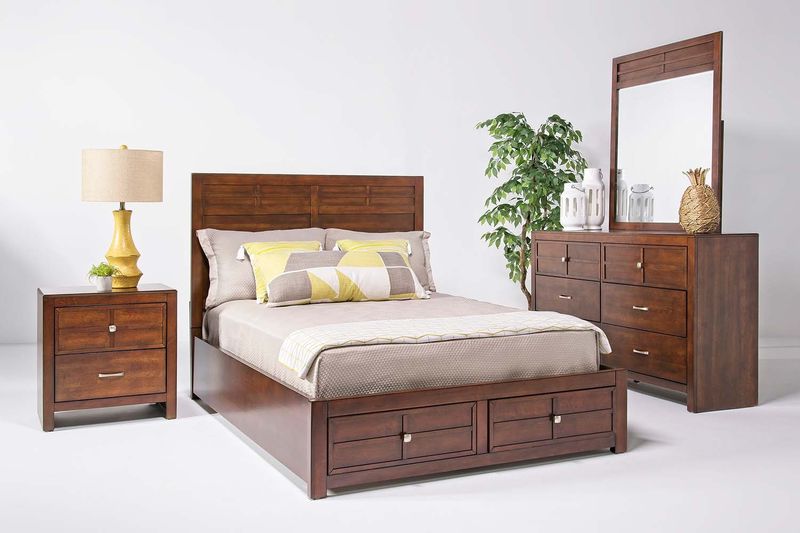 Kensington Panel Bed w/ Storage, Dresser, Mirror & Nightstand in Brown, Eastern King, Image 1