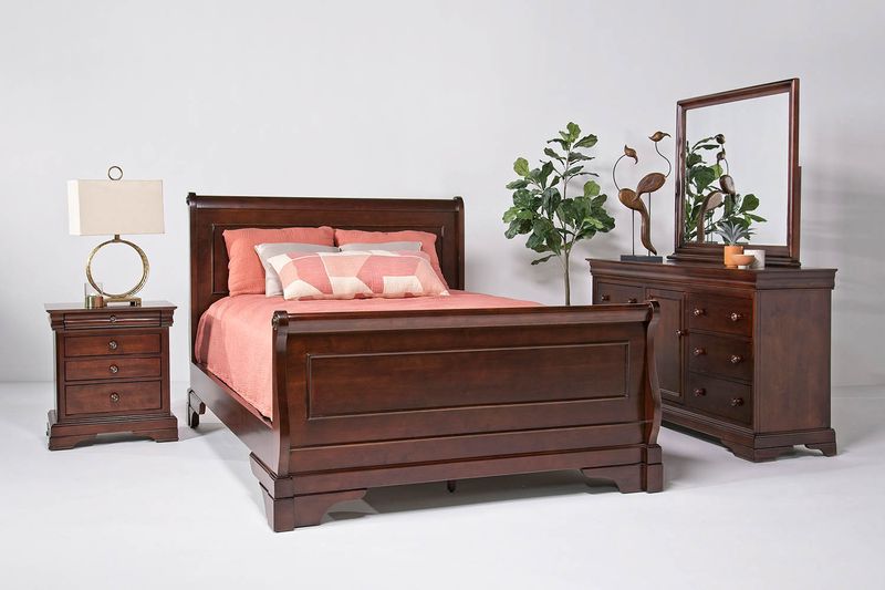 Versailles Sleigh Bed, Dresser & Mirror in Merlot, California King, Image 1 Versailles Sleigh Bed, Dresser & Mirror in Merlot, California King, Image 1