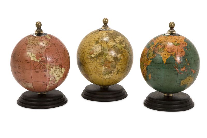 Antique Finish Mini Globes on Wood Base, Set of 3, Image 1