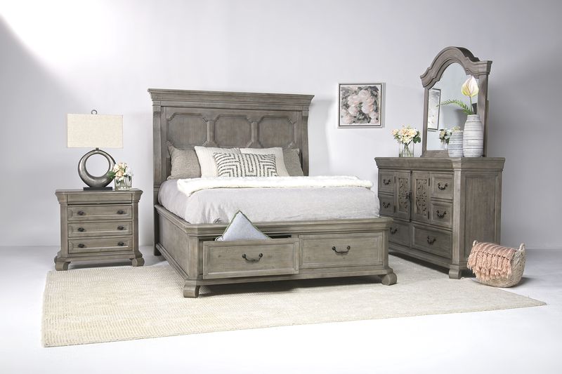 Bellamy Panel Bed w/ Storage, Dresser & Mirror in Light Gray, Queen