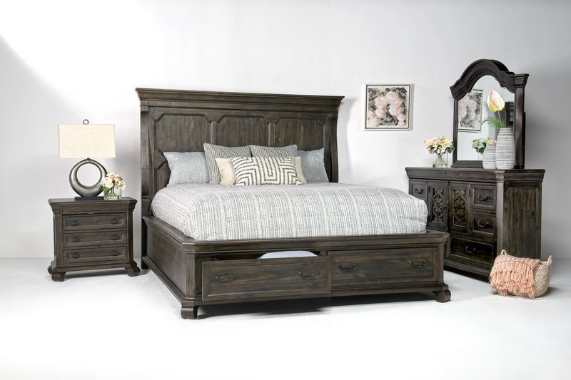 Bellamy Panel Bed w Storage Dresser Mirror in Charcoal CA King